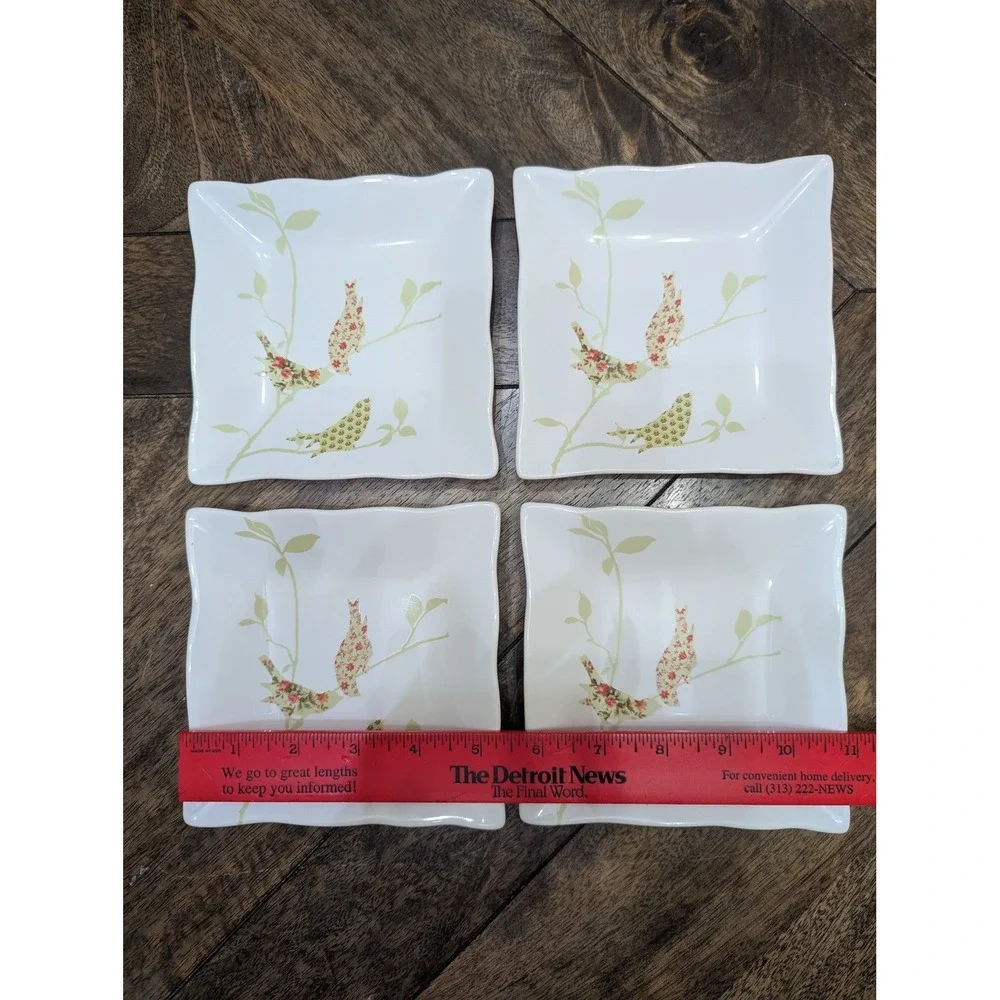 222 Fifth Chintz Birds Square Appetizer Plates Set of 4 White Floral Birds 5.5in